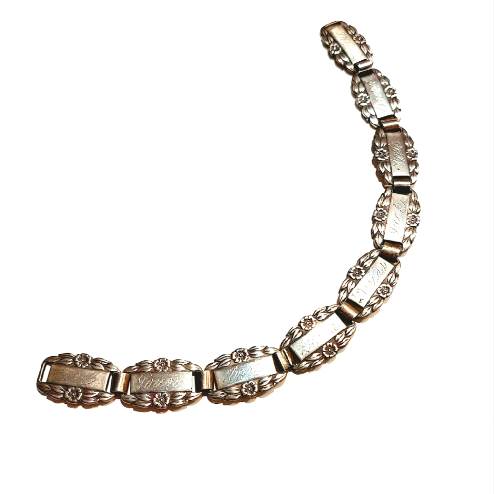 Vintage victorian Forget me not name plate Victorian etche bracelet necklace